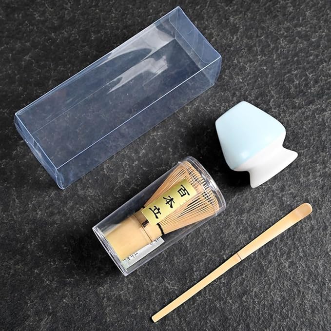 Japanese Matcha Tea Set, Bamboo Whisk (Chasen) + Matcha Scoop (Chashaku)+Ceramic Whisk Holder,fit for Japanese Tea Matcha Tea,Matcha Latte Accessories (P)
