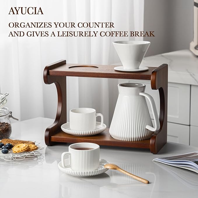 Pour Over Coffee Maker Set, 22OZ Ceramic Pour Over Coffee Dripper with Acacia Wood Stand and 5OZ Cups and Saucers Set of 2, Size 02
