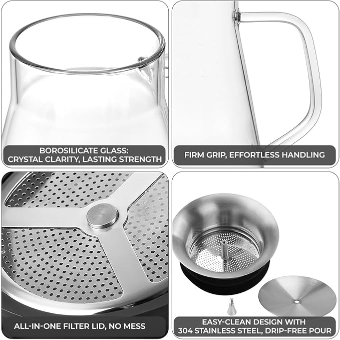 Aquach 27oz Glass Teapot with Smart Filter Lid, Stovetop Safe Borosilicate Glass Tea Kettle with Built-in Stainless Steel Infuser, Dishwasher Safe Hot & Iced Tea Maker, Plastic-Free