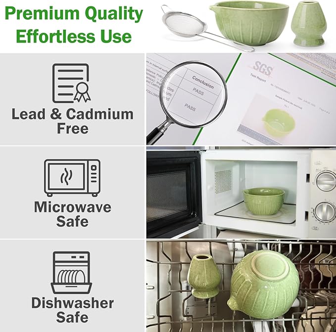 MONOJOY Matcha Whisk Set Ceramic Bowl Kit with Spout, Bamboo Chasen and Holder, Scoop Rest,Sifter Tea Towel Ceremonial Cute Matcha Tea Making Tool,Gift Perfect for Latte Lovers | Beginners,7pcs