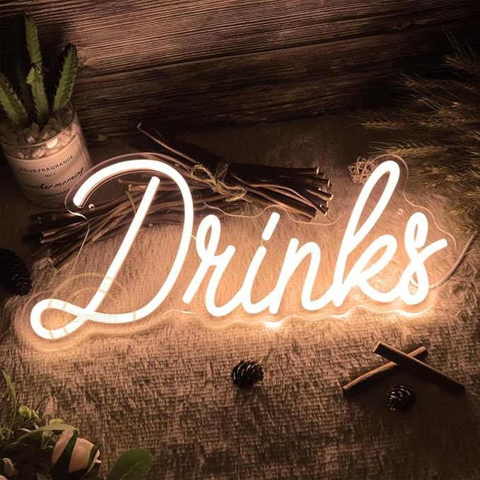 Britrio Warm White Drinks Neon Sign for Home Bar Kitchen Dinning Room Letter Light Birthday Party Bedroom Restaurant Cafe Man Cave Wall Art Decoration 5V USB Powered