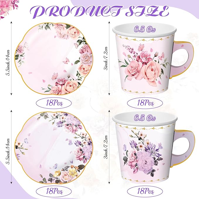 Umigy Tea Party Decorations 6.5oz Floral Paper Tea Cups with Handle and Plates Disposable Blossom Teacups and Saucers Sets with Tape for Hot Cold Drink Birthday (Elegant Style,36 Sets)