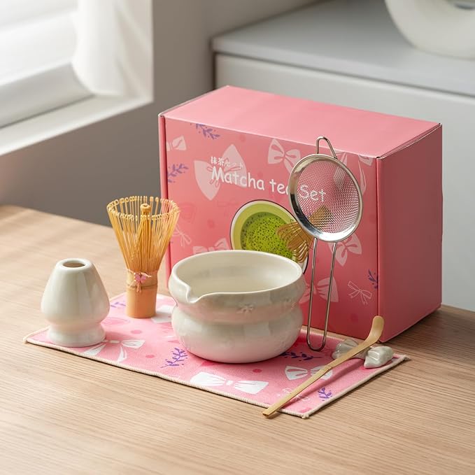 Matcha Kit 7-Pcs matcha whisk set, Measuring Spoon, Japanese Tea Making Tools,Cha, tea bowl, pink matcha set (grey)