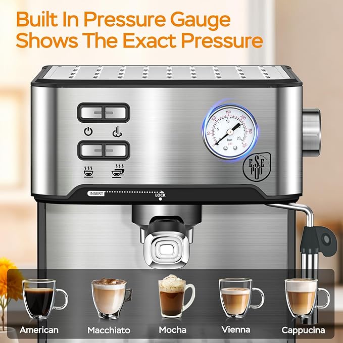 Espresso Machine Household Coffee Espresso Maker,Low Noise and Fast Coffee Machine for Cappuccino Latte,with Milk Frother Steam Wand Pressure Gauge 54oz Water Tank