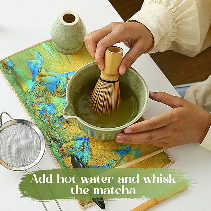 Matcha Whisk Set, 8 Pcs Matcha Kit Includes Matcha Bowl with Spout, Bamboo Whisk, Ceramic Holder, Bamboo Scoop x2, Scoop Rest, Stainless Sifter and Tea Towel, Gift for Matcha Lover