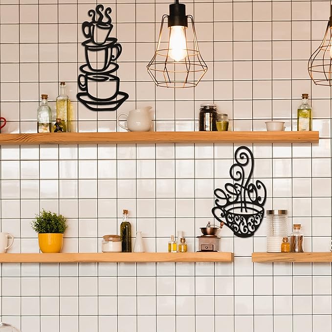 Jetec 2 Pieces Coffee Wall Decor Black Cup Silhouette Kitchen Wall Art Decor Coffee Bar Accessories