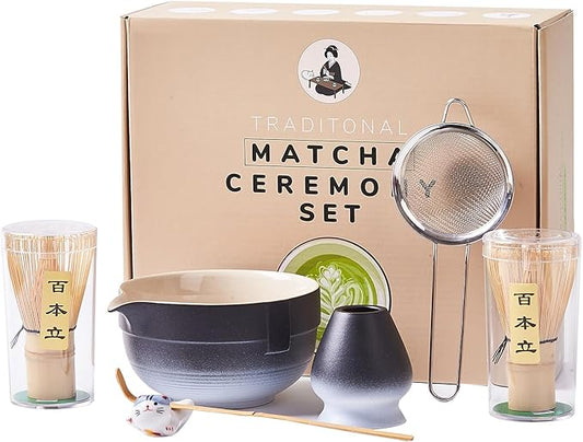 Matcha Whisk Set, Matcha Set Includes 2X Matcha Whisk, Matcha Bowl and Chasen Holder, Bamboo Scoop, Scoop Rest, Sifter - 7 Pcs Matcha Kit for Tea Ceremony, Gift for Matcha Lover (Black to White)