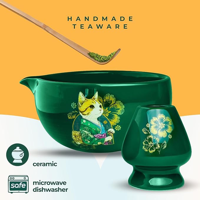 Matcha Gift Set 6 Pcs – Ceramic Bowl, Bamboo Whisk, Whisk Holder, Scoop, Sifter & Cloth – Traditional Japanese Set for Green Tea by Aprika Matcha (Green with Spout)