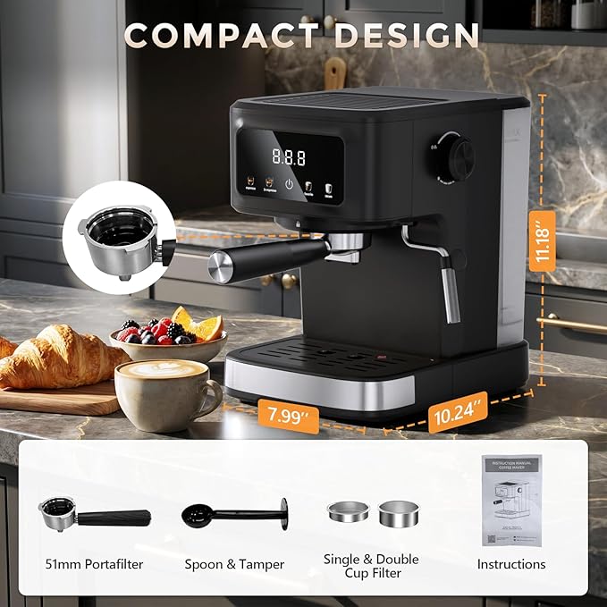 Espresso Machine with Milk Frother, Compact Coffee Maker for Home, Cappuccino & Latte, 15 Bar Pump, Dual Stainless Steel Filters, LED Touch Screen, Removable Water Tank & Drip Tray