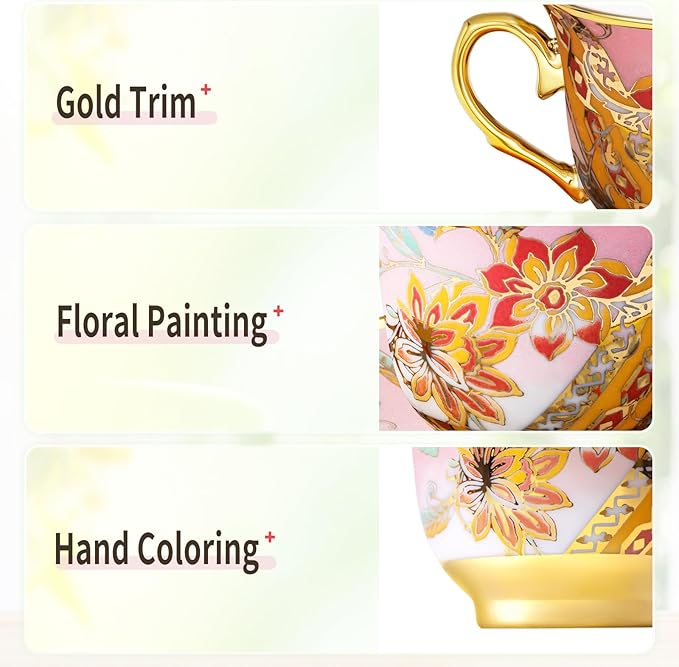 Tea Cups and Saucers Set of 8, 8 OZ Floral Tea Cup with Saucer, Vintage Tea Cups Porcelain Tea Set with Spoon for Latte , Mocha , Afternoon Tea Birthday Party Supply Thanksgiving Day Halloween gifts