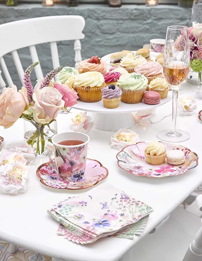 12 x Pretty Pink Floral Paper Tea Cups & Saucer Set | Mother's Day Table Party Decorations | Disposable Tableware For Birthday, Garden Party, Afternoon Tea, Bridal or Baby Shower, Wedding