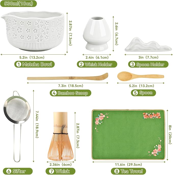 Matcha Whisk Set, 7 Pcs Matcha Making Kit with Matcha Bowl, Matcha Whisk and Holder, Bamboo Scoop, Scoop Rest, Sifter and Tea Towel，Gifts for Christmas Birthday