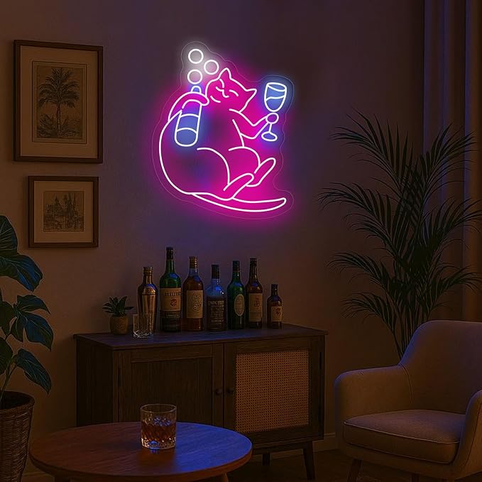Cat Beer Neon Sign for Wall Decor Funny Bar Neon Sign for Home Bar Game Room Man Cave Decor Cat Light Neon Beer Led Sign Pink Neon Light Up Signs for Bedroom Home Party(16.7in*13.4in) - Image 3