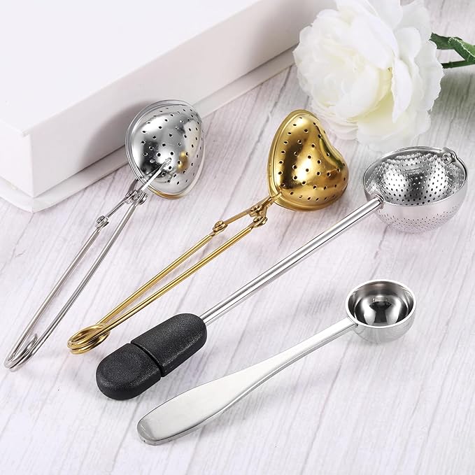 uxcell Heart Snap Tea Ball Infuser with Handle, Loose Tea Steeper, Stainless Steel Tea Strainer for Brew Loose Leaf Tea, Gold