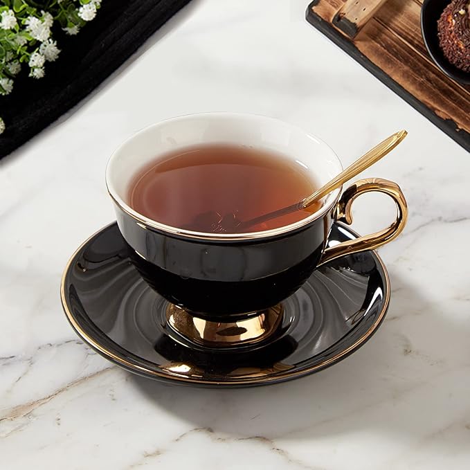 DUJUST Porcelain Tea Cup and Saucer Set with Spoon - Luxury Black British Style Modern Tea Set with Golden Trim, for Room Decoration & Tea Party - Black
