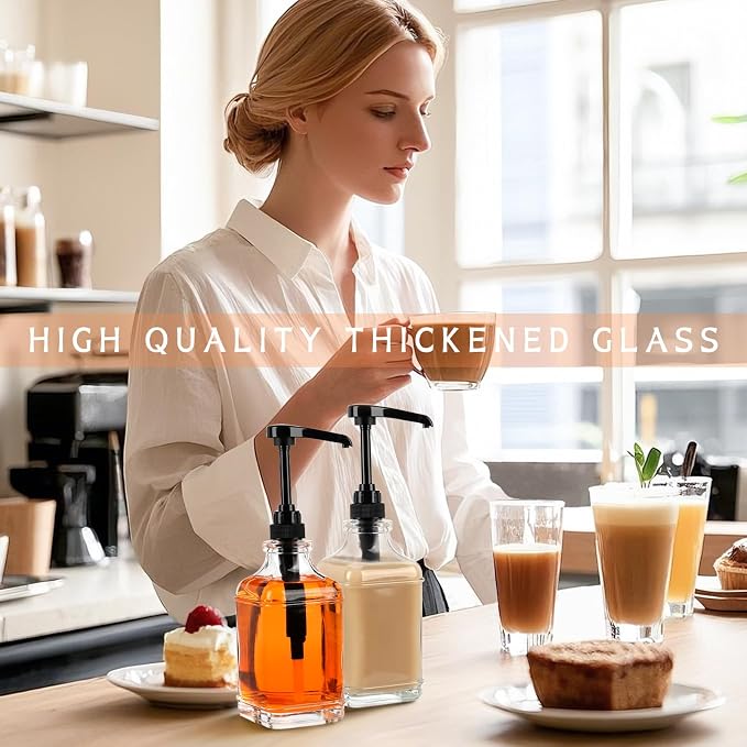 BIGIVACA Coffee Syrup Dispenser 16 oz 2 Pack,Clear Glass Syrup Bottle with 1/4oz Capacity Pump,Syrup Dispenser for Coffee Bar with Plastic Pump - Image 3