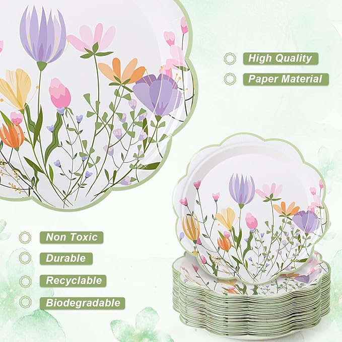 100 Sets Wildflower Floral Paper Tea Cups and Saucers Disposable Paper Tea Party Supplies 9 oz Cups with Handle and Saucer for Birthday Wedding Party Decorations