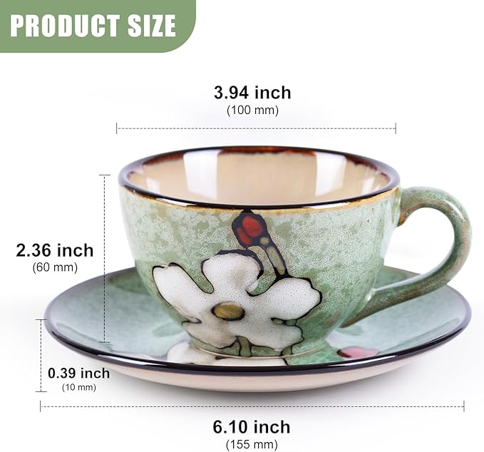 8 Oz Floral Porcelain Cappuccino Cups with Saucers Set of 4, Stoneware Tea Coffee Mugs for Home Kitchen & Office, Dishwasher Microwave Oven Safe, for Espresso, Latte, Americano, Milk & Tea, Green