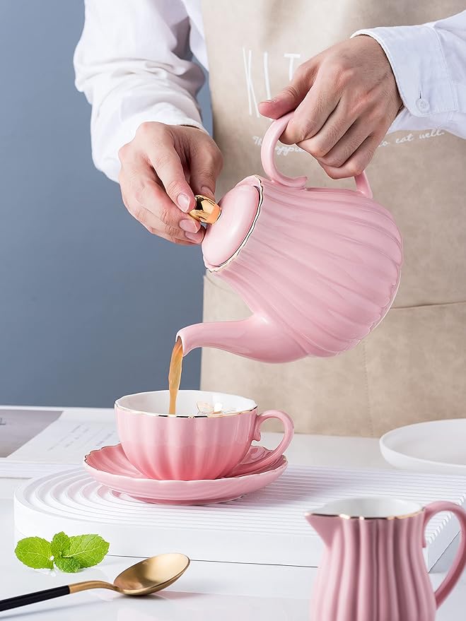 Jusalpha Service for 6- Fine China Pink Coffee Cup/Teacup Set, 8 OZ Cups& Saucer, with Teapot-Sugar Bowl-Cream Pitcher Teaspoons and tea strainer for Tea/Coffee- 24 PC (Pink, Serve of 6)