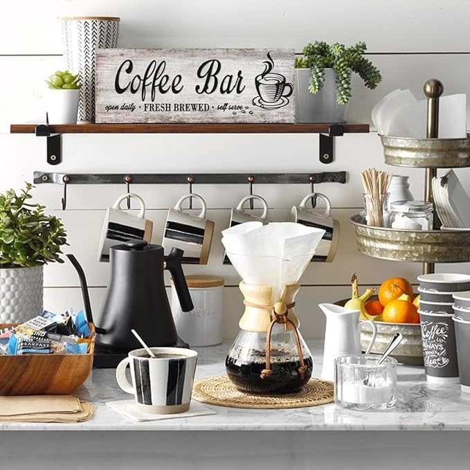 Rustic Wood Grain Coffee Station Decor - Retro Coffee Bar Signs for Kitchen - Self Serve Fresh Brewed Open Daily, Large