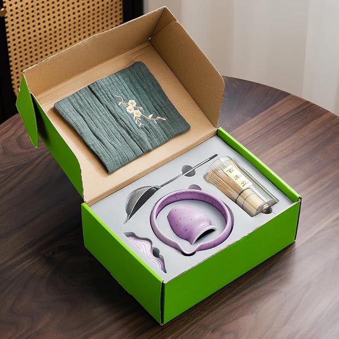 7Pcs Japanese Matcha Tea Set, Matcha Kit with Matcha Bowl (with Pouring Spout), Matcha Whisk, Whisk Holder, Strainer - Elegant Matcha Set for Gifting and Personal Use, Gift Box Packaging (Purple;)