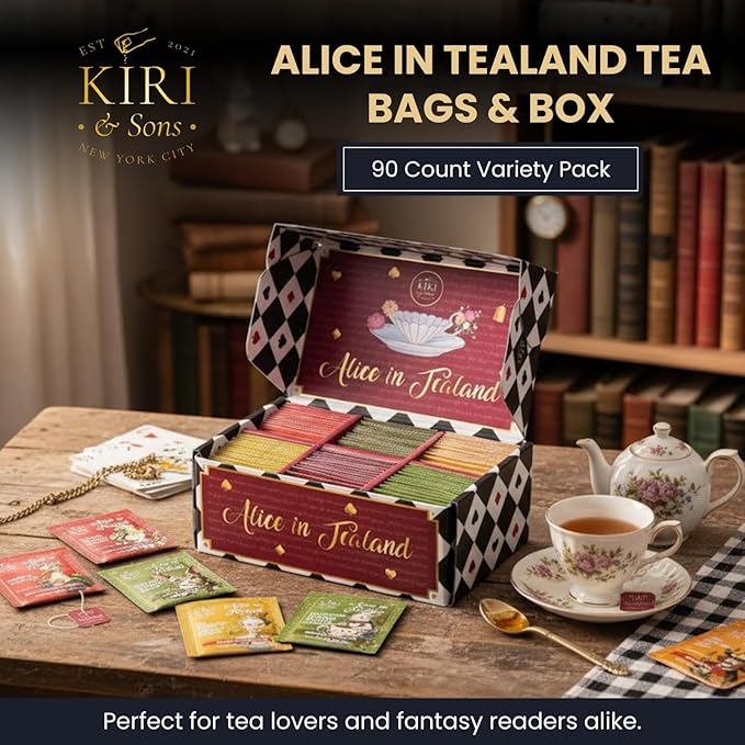 Alice’s Adventures in Wonderland Tea Gift Set – 90 Count Literary Tea Bags Variety Pack with Book Quotes and Illustrations | Alice in Tealand Collection | 6 Whimsical Inspired Flavors Teas Gift Set
