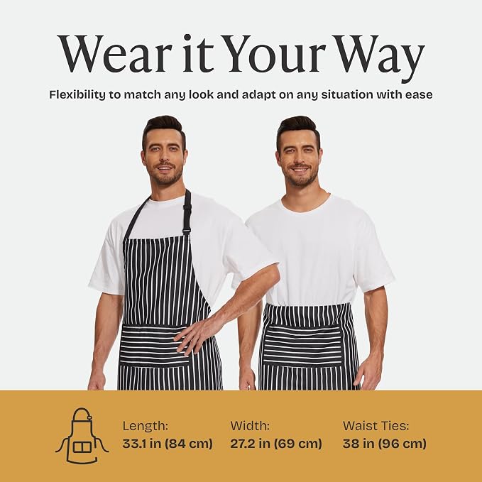 Will Well 2 Pack Bib Apron For Men & Women with 2 Pockets - Black Stripe | Unisex 33'' x 27'' Oil & Water Resistant Soft Kitchen Chef Apron with Adjustable Neck Strap & 38'' Waist Ties for Snug Fit - Image 7
