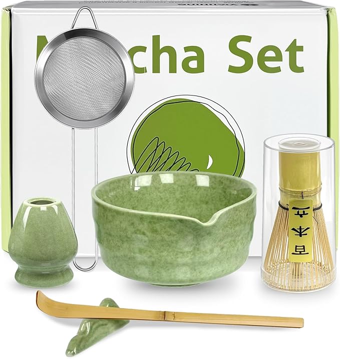 6 Pcs Matcha Whisk Set, Matcha Set Includes Matcha Bowl with Spout, Whisk, Holder, Sifter, Bamboo Scoop and Scoop Rest, Ceramic Matcha Kit for Matcha Lovers
