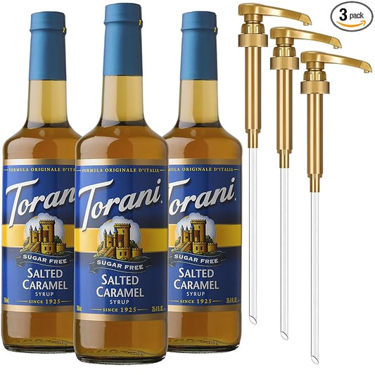 Torani Sugar Free Coffee Syrup, Salted Caramel 3-Pack, Zero-Calorie Flavoring for Drinks, Pumps Included, 25.4 Fl Oz Ea