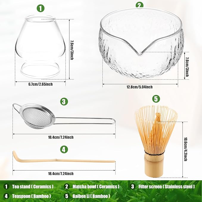 Matcha Whisk Set, 5 Pcs Matcha Set Whisk and Bowl with Spout, Matcha Whisk Holder, Matcha Spoon, Stainless Sifter, Perfect Matcha Kit for Matcha Lover (Glass Transparent)