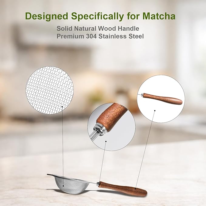 Matcha Sifter - Precision 30-Mesh Stainless Steel Fine Powder Strainer, 3-Inch Small Metal Sieve for Tea Ceremony & Cocoa, Hand Wash Recommended(Natural Wood Handle)