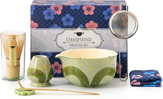Matcha Whisk Set, 7Pcs Matcha Set with Hand-Painted Ceramic Matcha Bowl, Matcha Whisk and Holder, Scoop and Rest, Sifter, Tea Towel, Artisan Matcha Kit for Ceremony & Gifting (Green)