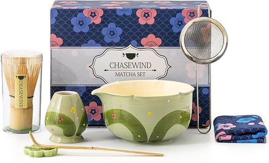 Matcha Whisk Set, 7Pcs Matcha Set with Hand-Painted Ceramic Matcha Bowl, Matcha Whisk and Holder, Scoop and Rest, Sifter, Tea Towel, Artisan Matcha Kit for Ceremony & Gifting (Green)