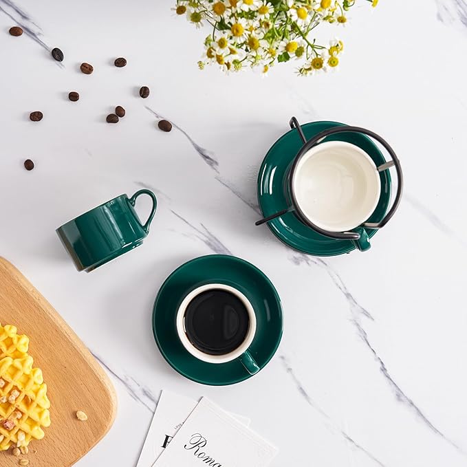 4oz Porcelain Stackable Espresso Cups with Saucers and Metal Stand Set of 4, Stackable Espresso Cups Set of 4, Green Expresso Shots Cup Set for Coffee Drinks, Cappuccino Latte, Americano, Tea