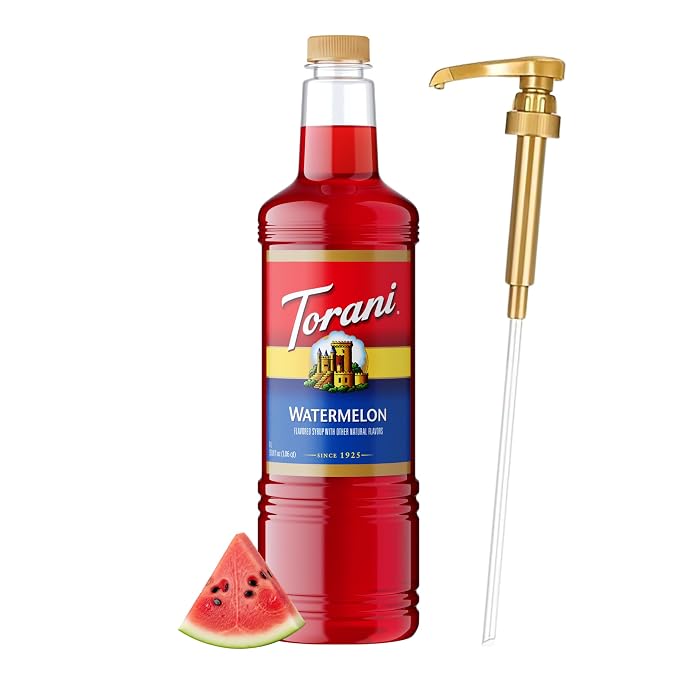 Torani Watermelon Syrup 1 Liter with Pump – Juicy Summer Flavoring for Drinks, Cocktails & Mocktails – Pure Cane Sugar, Natural Flavors, BPA-Free Bottle – Refreshing Beverage Syrup by Torani