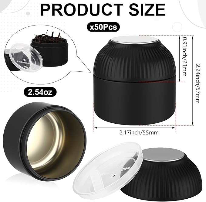 50 Pcs Mini Tea Tin Canister with Airtight Double Lids 2.5 oz Bulk Small Round Metal Tinplate Tea Tin Can Tiny Kitchen Containers for Loose Teas Spices Coffee Herb Sugar Candy (Black)
