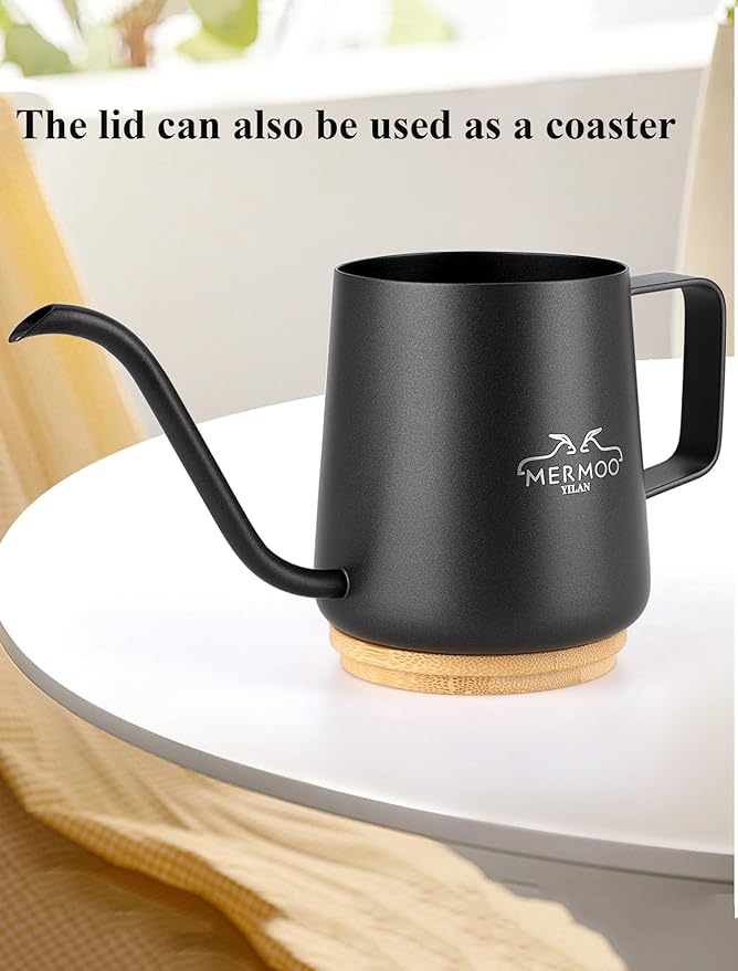 MERMOO YILAN Gooseneck Kettle with Lid Small Pour Over Coffee Kettle 350ml Stainless Steel Goose Neck Kettle Long Spout Tea Pot Travel Pour Over Coffee Maker Mini Camping Drip Coffee Pot