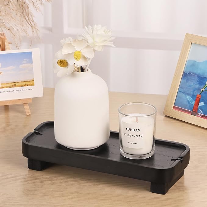 Wood Riser Small Decorative Tray Sink Soap Dish, Vanity Tray Pedestal Stand 8.7 x 3.6 inches (Black)