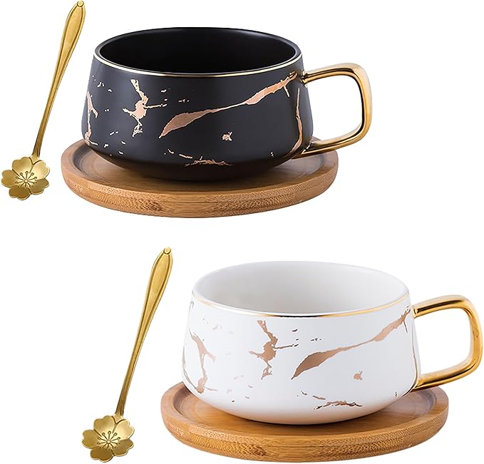 Jusalpha 2 Pack Golden Hand Print Black and White Teacup Coffee Cup with Bamboo Saucer and Spoon Set FDTCS19 (2, Black/White)
