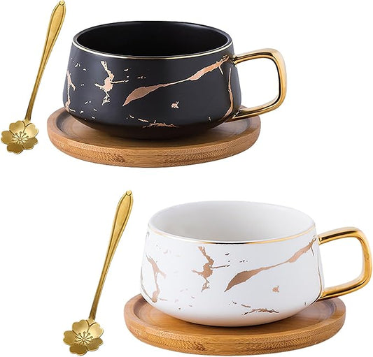 Jusalpha 2 Pack Golden Hand Print Black and White Teacup Coffee Cup with Bamboo Saucer and Spoon Set FDTCS19 (2, Black/White)