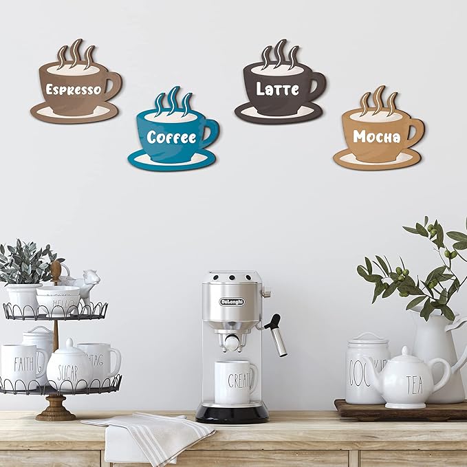 Blulu 4 Pieces Coffee Wooden Wall Art Decor Wooden Coffee Cup Signs Espresso, Latte, Mocha - Rustic Farmhouse and Vintage Cafe Wall Decor