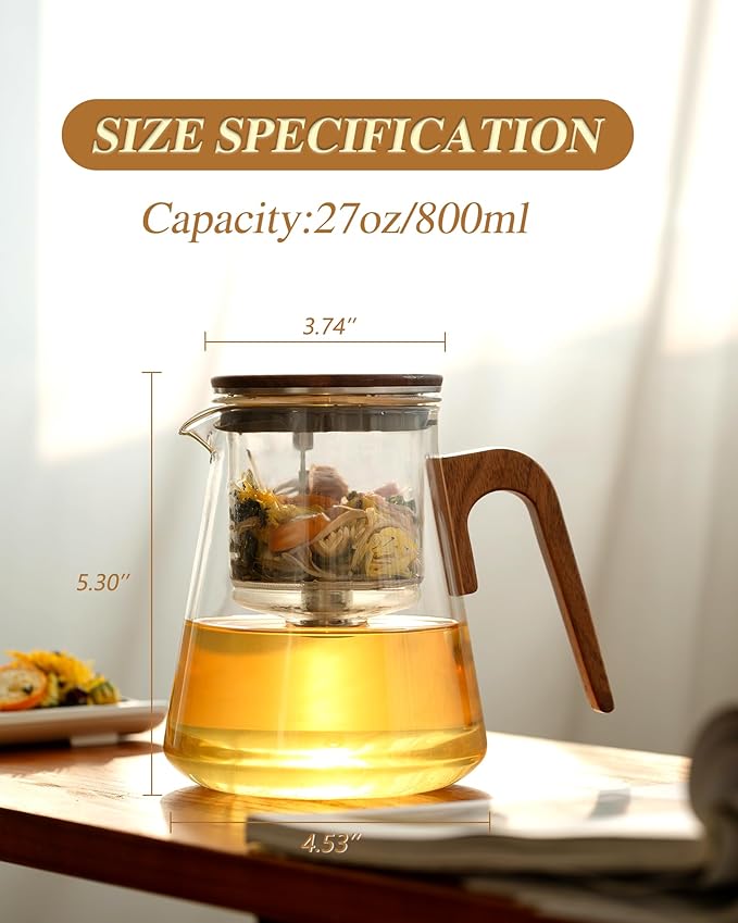 ZENS Magnetic Tea Pot, Enchanted Glass Teapot with Infuser and Magnetic Suction Lid for Mess-Free Loose Tea Diffusers, Walnut Wood Handle, Tea Lovers Gifts