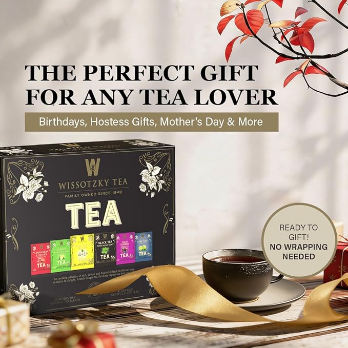 Wissotzky Artisanal Tea Chest Box, Assorted Flavors of Black & Herbal Tea Bags (42 Tea Bags) 6 Flavors | Tea Sampler Variety Pack | Tea Gift Set | Individually Wrapped | Corporate & Holiday Gifts | Certified Kosher