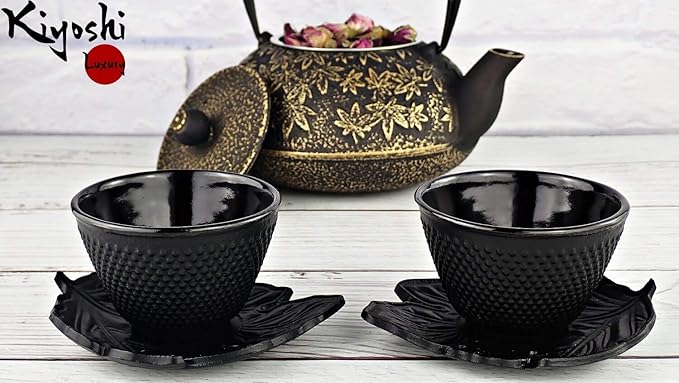 Japanese Tea Cups - 4pc Black Cast Iron Set, 2 Tea Cups and Saucers, 4oz Each