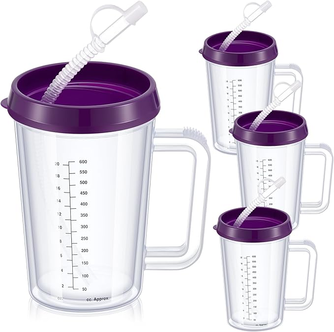 4 Pcs 20 oz Hospital Water Cup with Straw and Lid Insulated Double Walled Elderly Water Bottle Hospital Carafe Mug with Handle Graduated Plastic Drinking Sippy Cup for Adult(Purple)