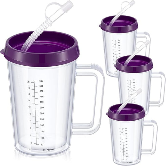 4 Pcs 20 oz Hospital Water Cup with Straw and Lid Insulated Double Walled Elderly Water Bottle Hospital Carafe Mug with Handle Graduated Plastic Drinking Sippy Cup for Adult(Purple)