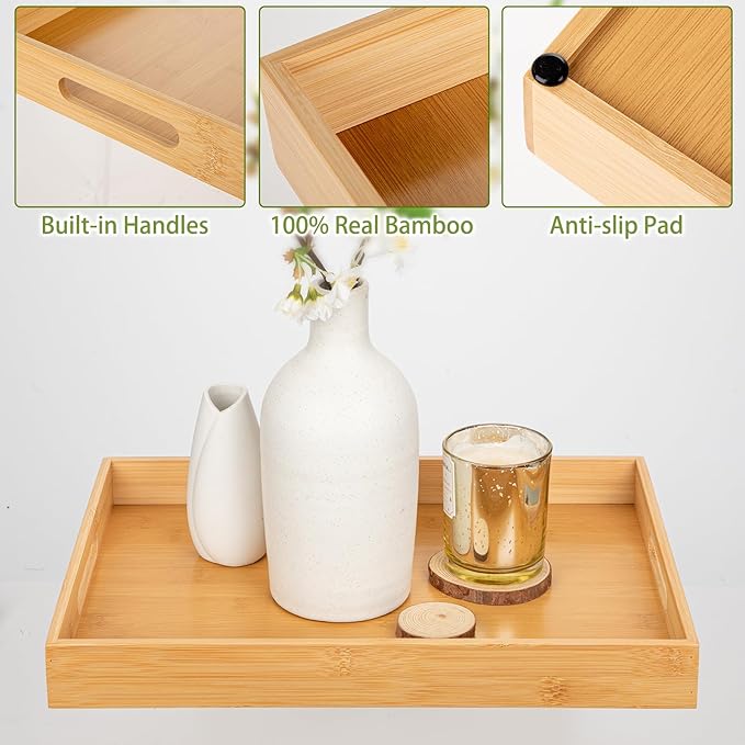 Briful Bamboo Decorative Tray with Handles - 16 x 12 Inch Rectangle Serving Tray for Coffee Table Decor Farmhouse Kitchen Counter Organizer & Bathroom Vanity Tray