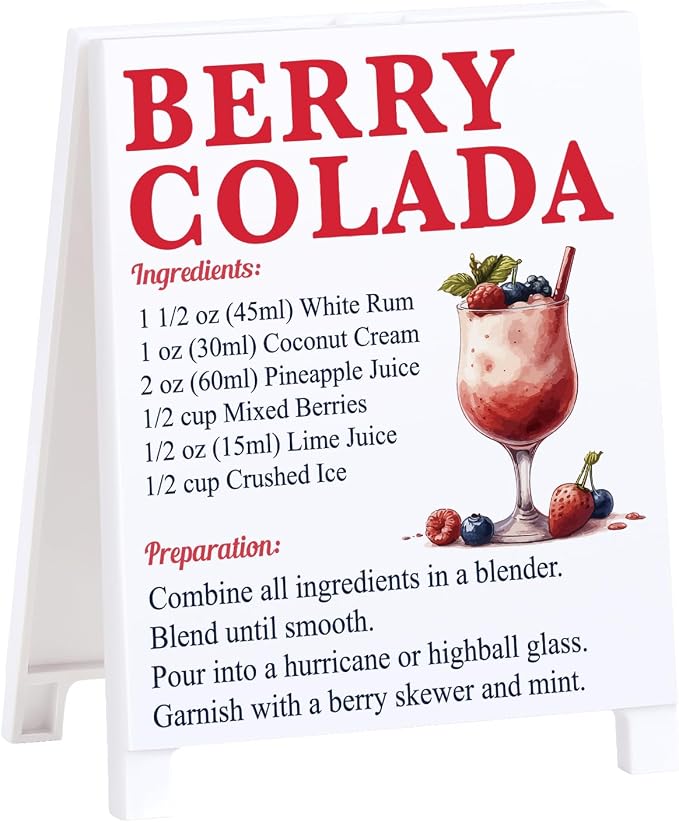 Berry Colada Recipe Rustic Bar Decor for Home Cafe Farmhouse Cocktail Sign for Kitchen Bar Cart Accessories Mixology Christmas Gift for Bartender Men Women New Couple - 5.59 x 4.33 inch Acrylic Sign by Funnysignsandcozydecorgiftsforyourspacethatspeakyourmind