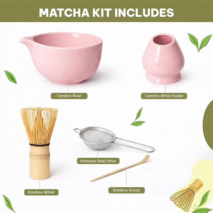 Pink Matcha Whisk Set 5pcs Matcha Set With A Bowl, Mini Whisk And Holder, Bamboo Scoop And Stainless Steel Sifter Perfect Matcha Kit For Gifts