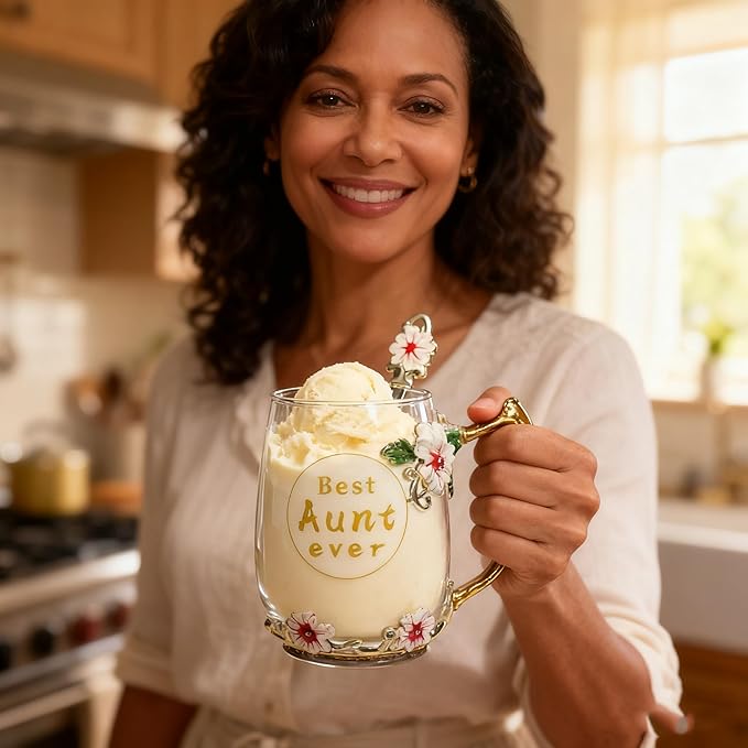 Best Aunt Ever Printed Flower Tea Glass - Hidden in Socks, Perfect Christmas Thanksgiving Gift for Aunt Auntie or Neighbor